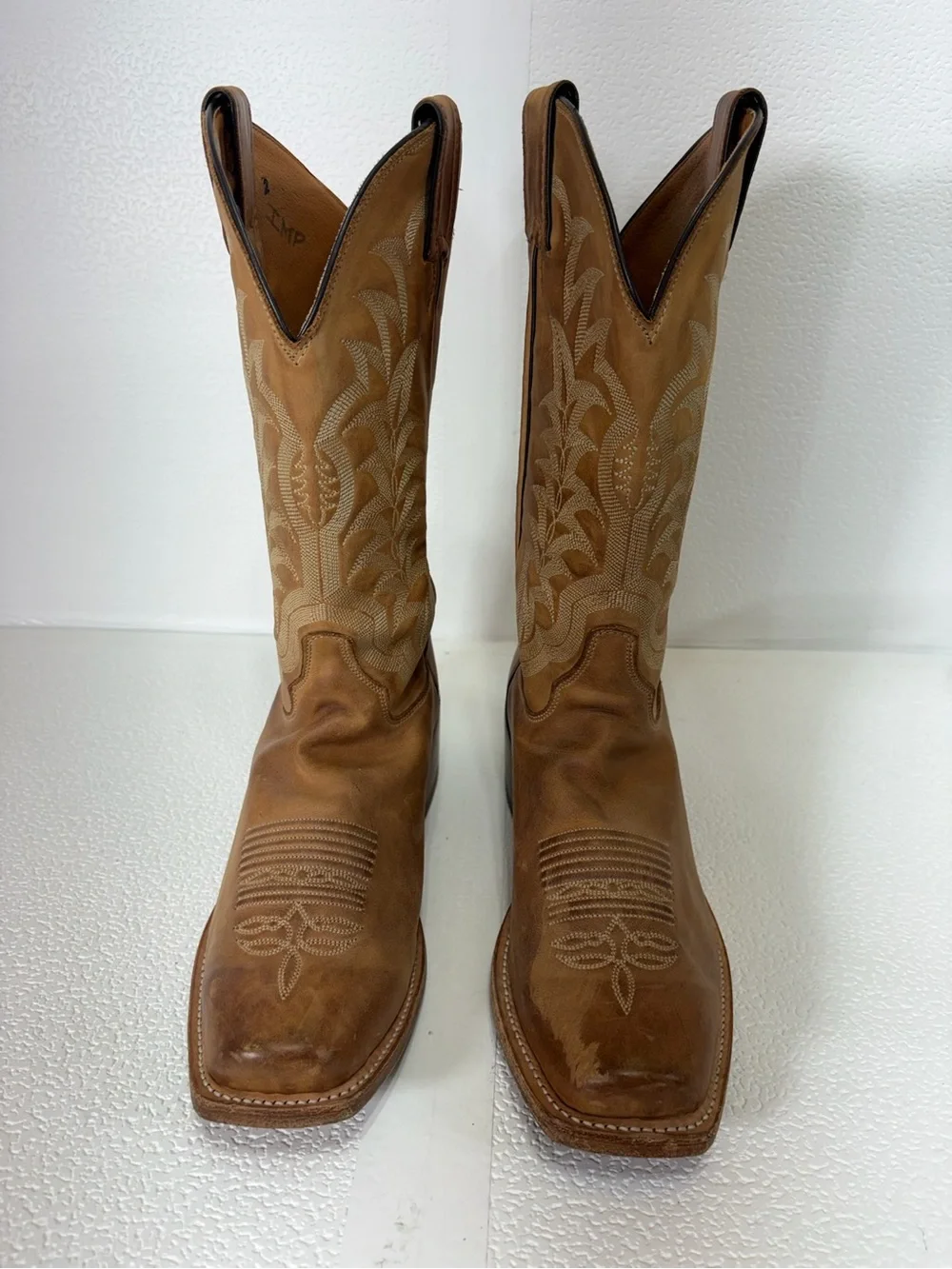 Justin Boots Tan Leather Western Pull-On Cowboy Boots w Embroidered Shaft s257